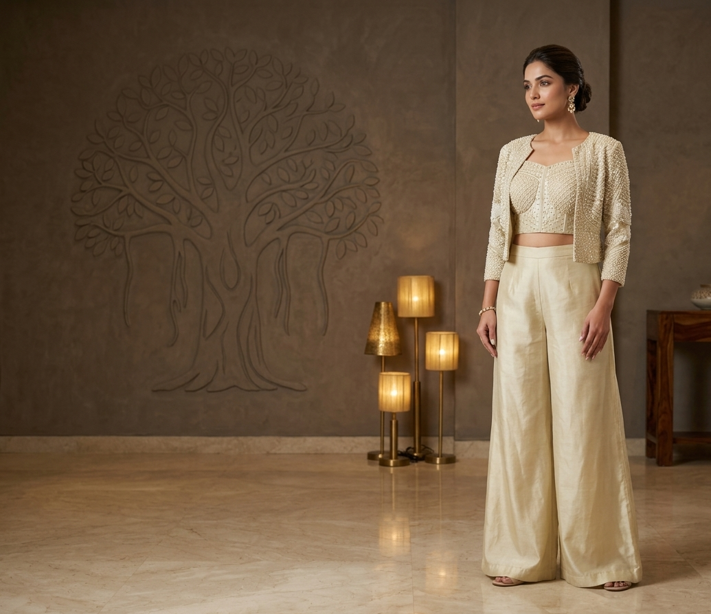 Cream color Indowestern 3pis Plazo