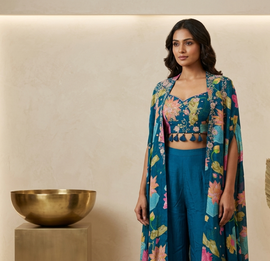 Peacock Blue Indowestern 3pis Plazo