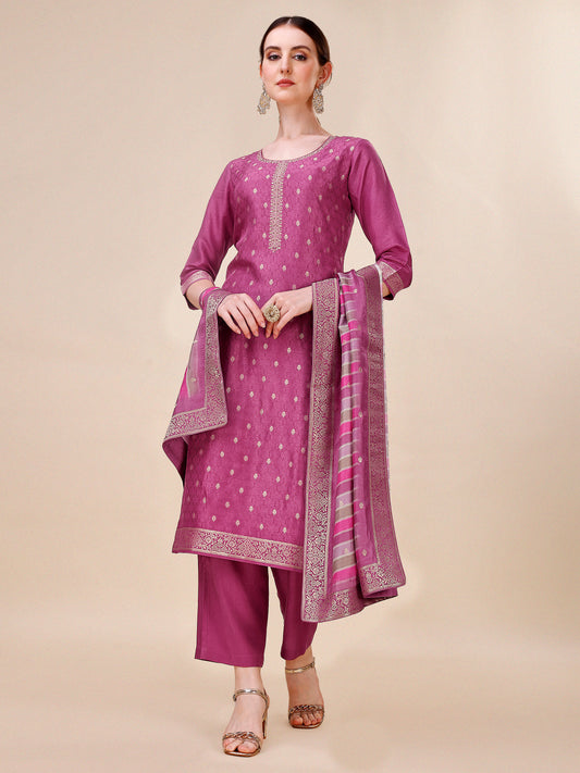 Onion Pink Jacquard Silk Kurta Set