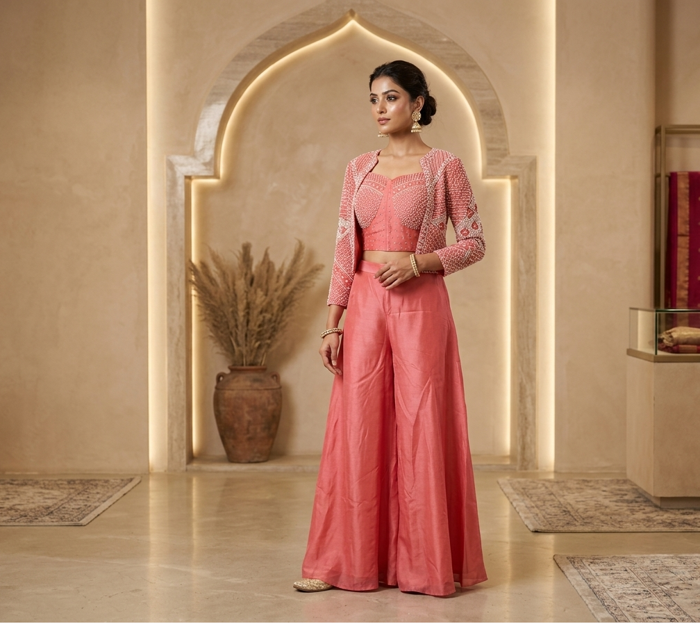 Pink color Indowestern 3pis Plazo