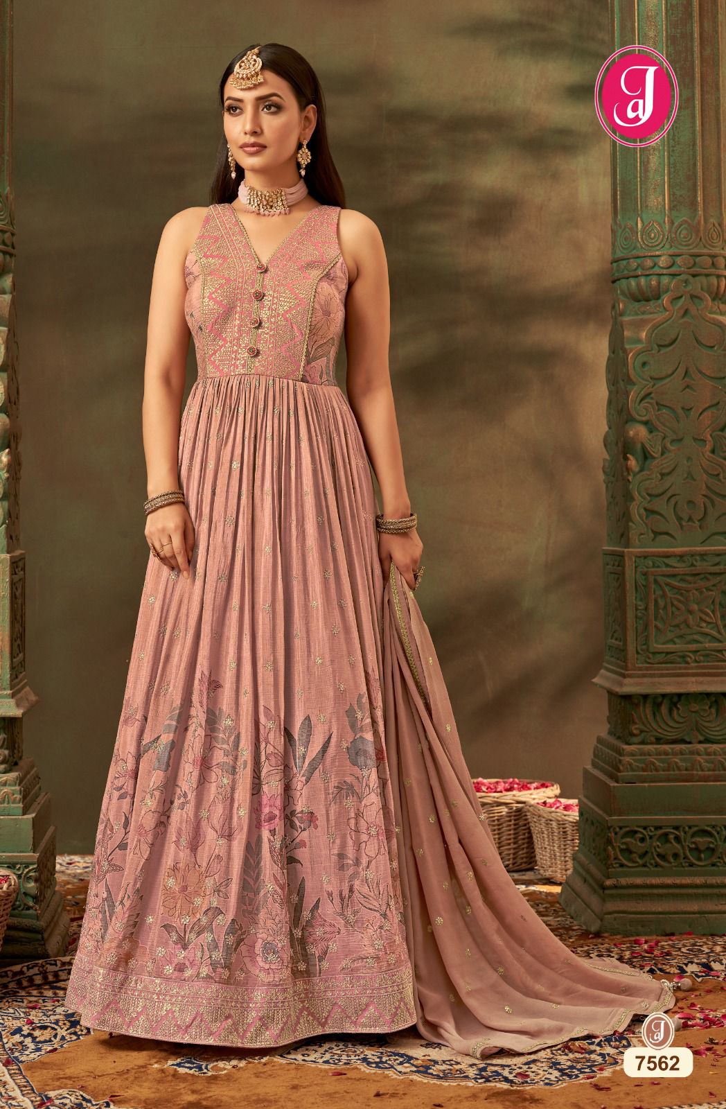 onion Banarasi with print Silk Handwork Long Gown (Copy)