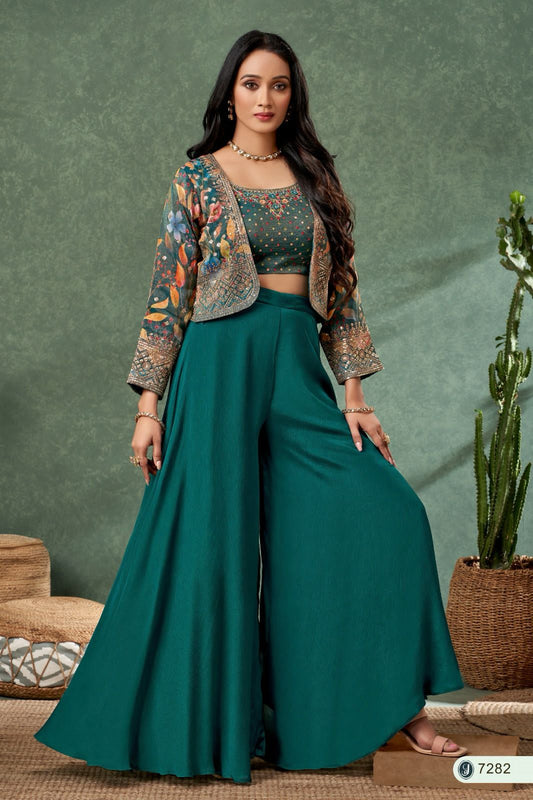 Green Embroidered Indo-western 3 piece Palazzo set