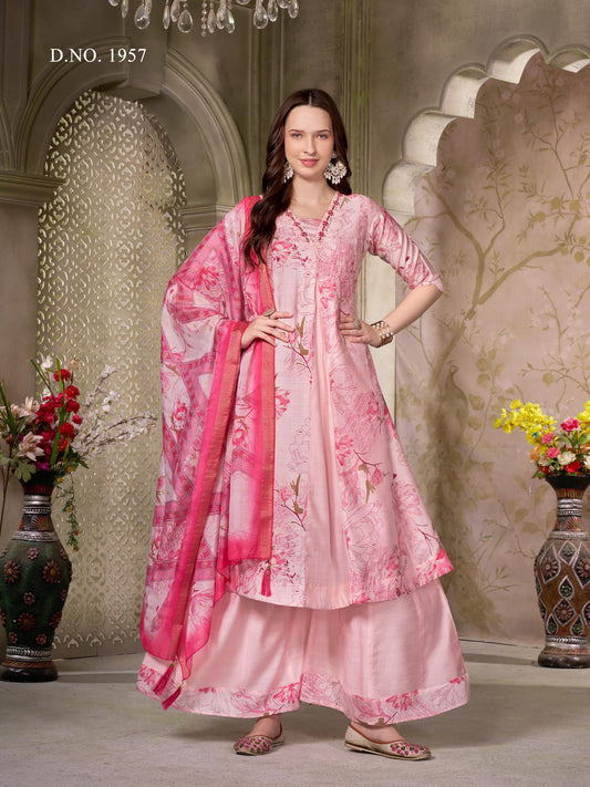 PINK COTTON NECK HAND WORK WITH PRINT PLAZO SUIT