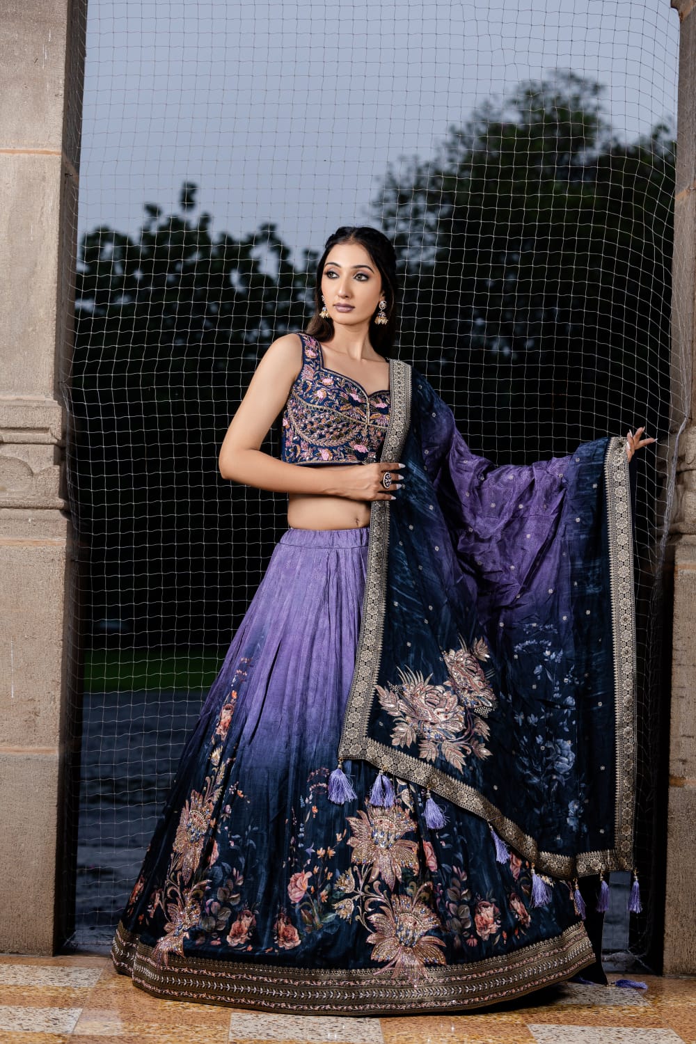 blue purple Handwork silk Lehenga