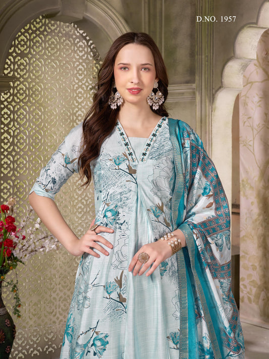 SKY BLUE COTTON NECK HAND WORK WITH PRINT PLAZO SUIT