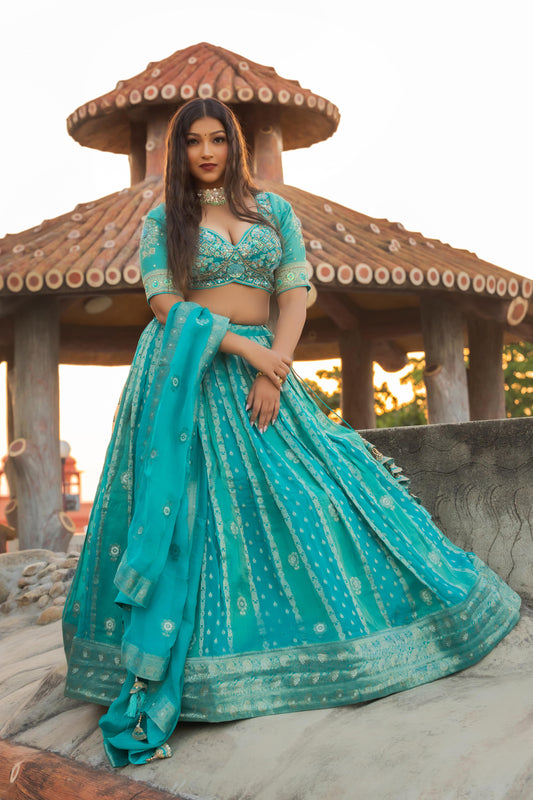 Cyan Blue Elegant Designer Readymade Lehenga