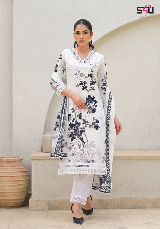 White Printed Cotton Kurta Set