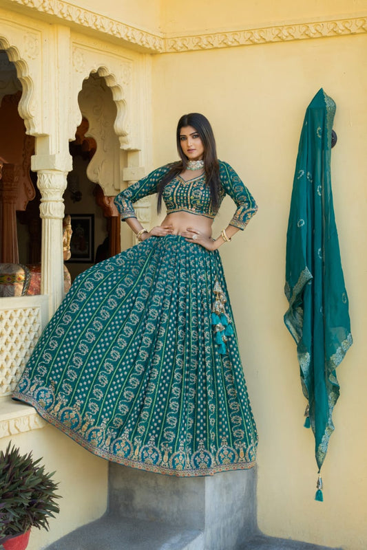 Turquoise Blue Handwork Georgette Readymade Lehenga