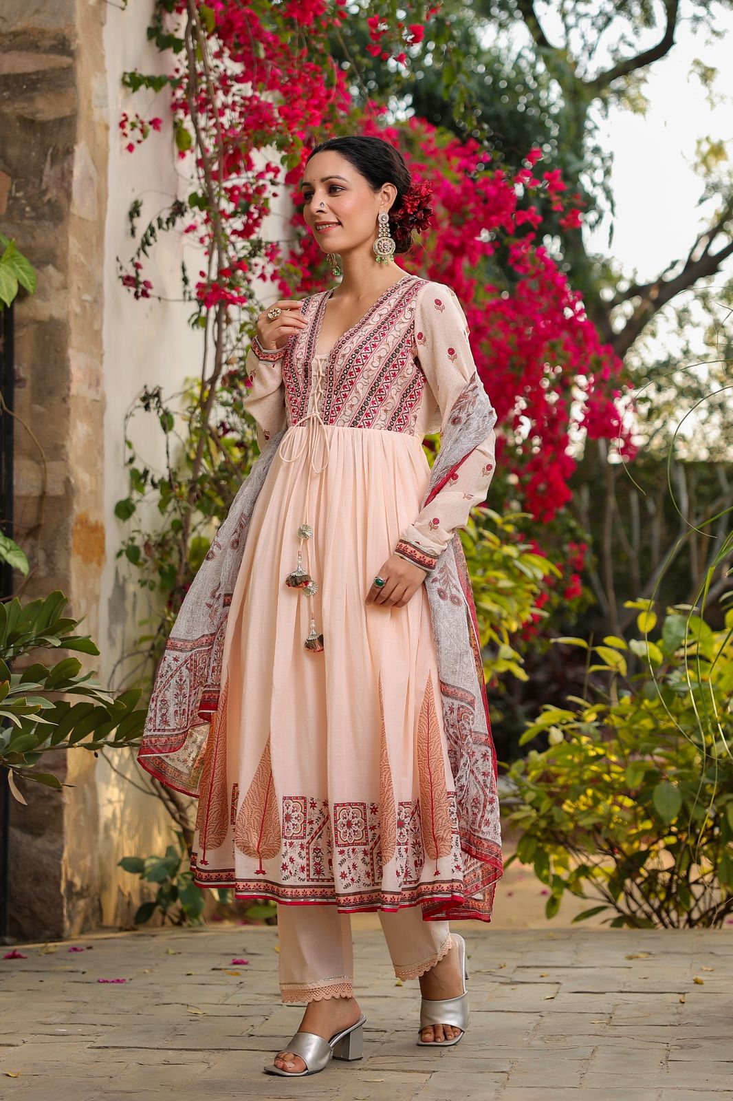 Peach Embroidered Mul Cotton Kurta Set