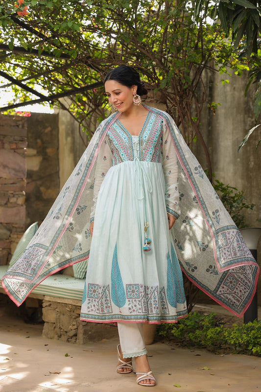 Sky Blue Embroidered Mul Cotton Kurta Set