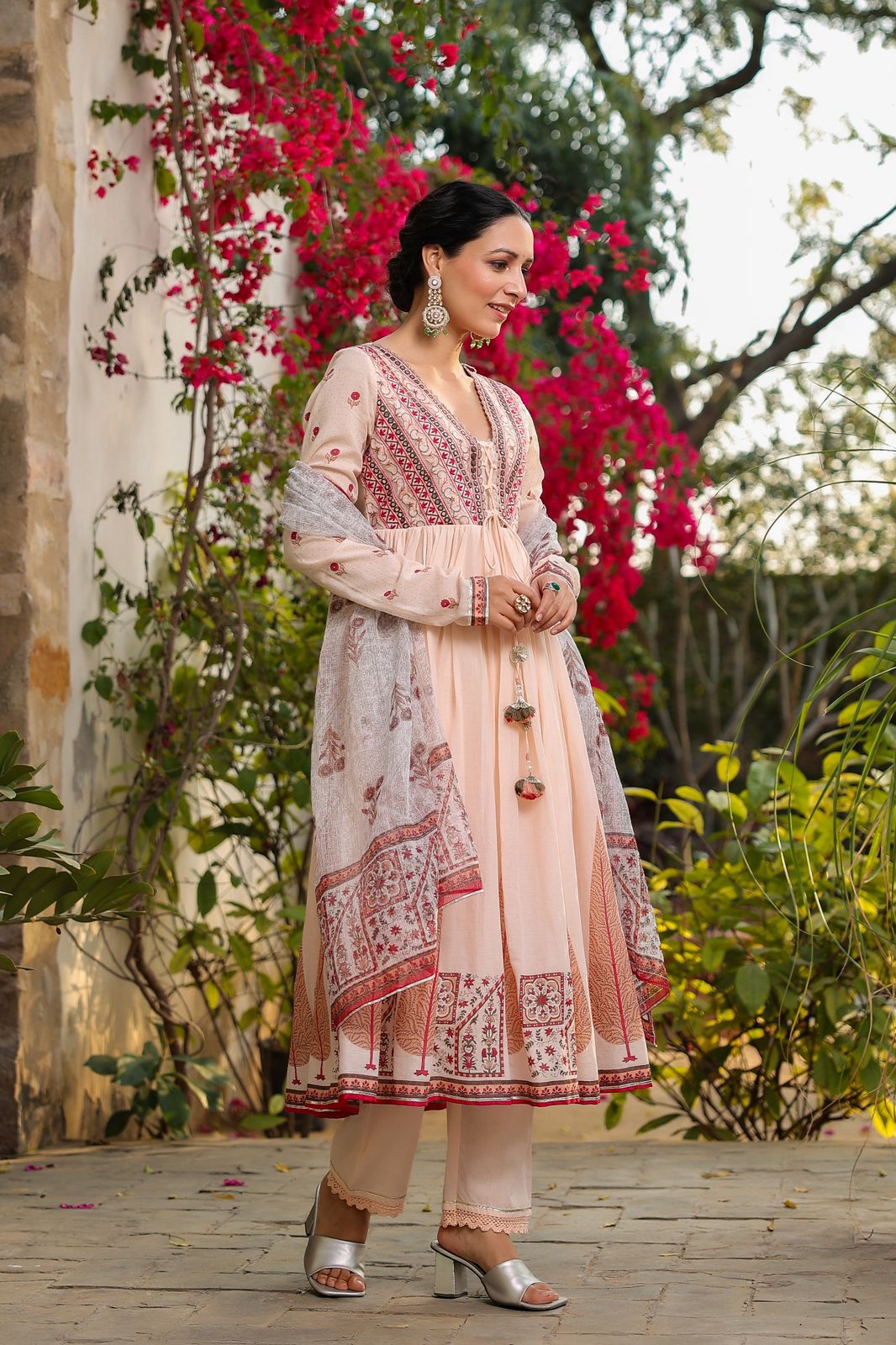 Peach Embroidered Mul Cotton Kurta Set