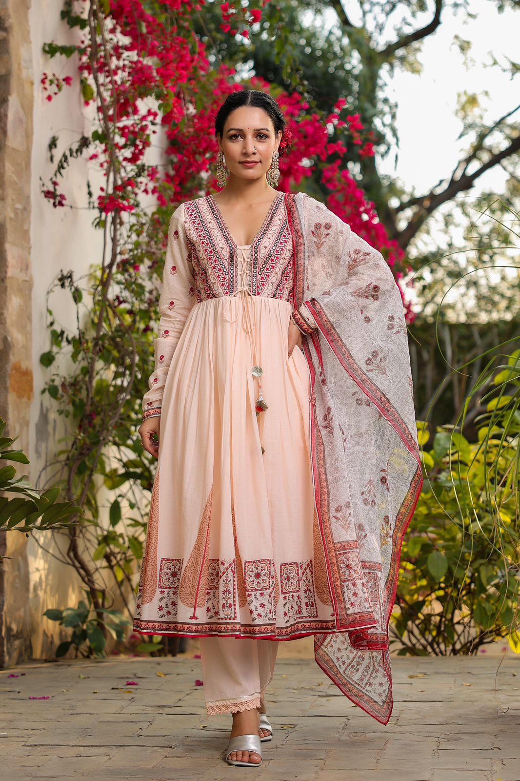 Peach Embroidered Mul Cotton Kurta Set