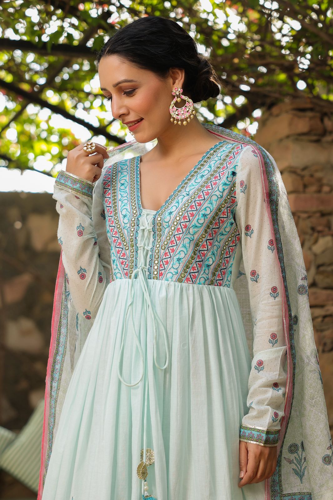 Sky Blue Embroidered Mul Cotton Kurta Set