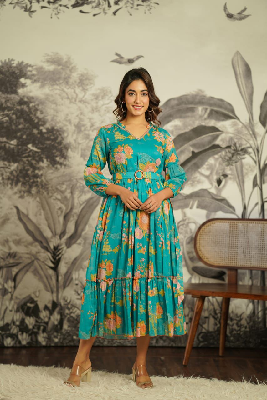 Turquoise Printed Muslin Long Kurti/Dress