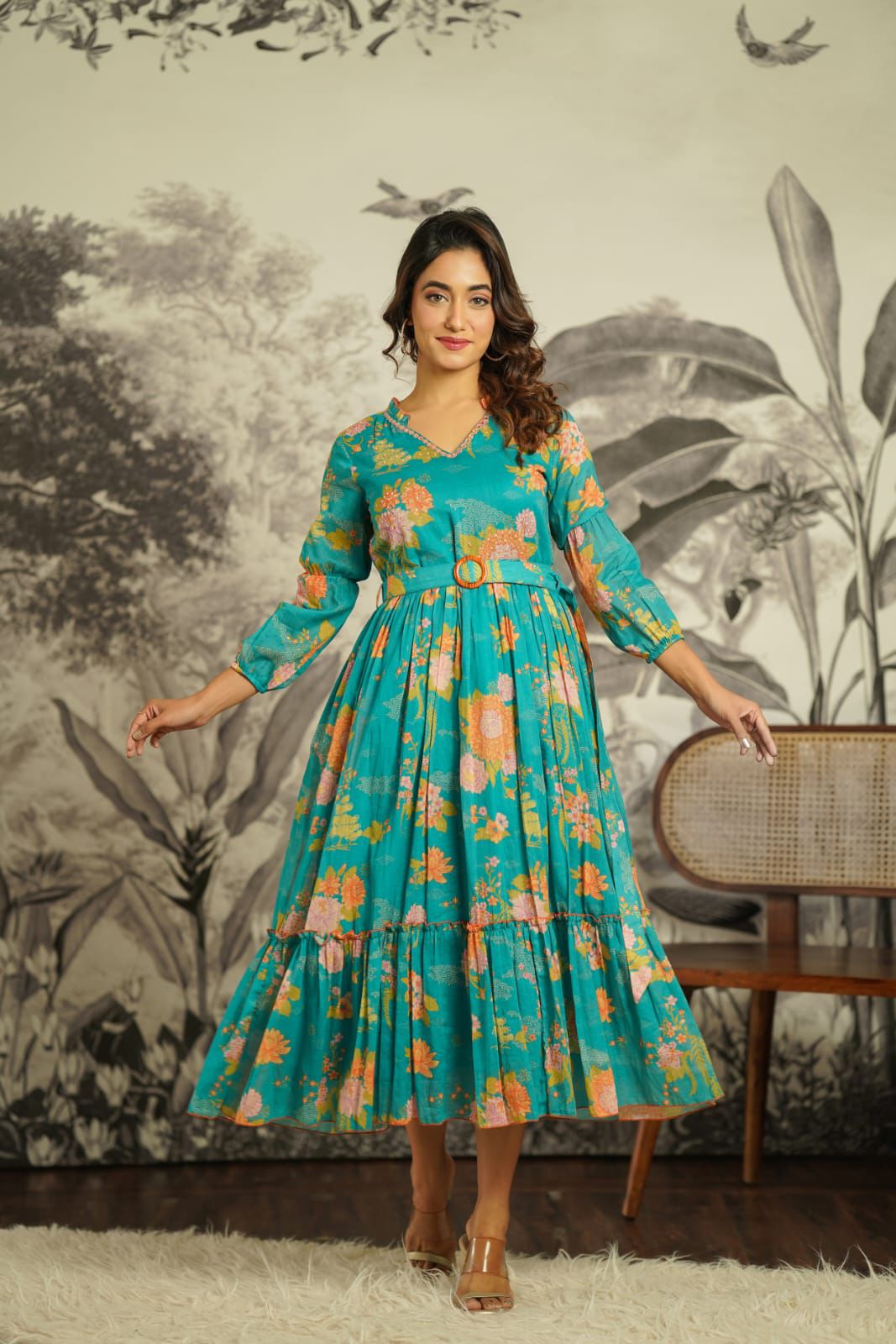 Turquoise Printed Muslin Long Kurti/Dress