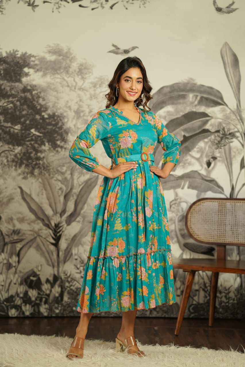 Turquoise Printed Muslin Long Kurti/Dress