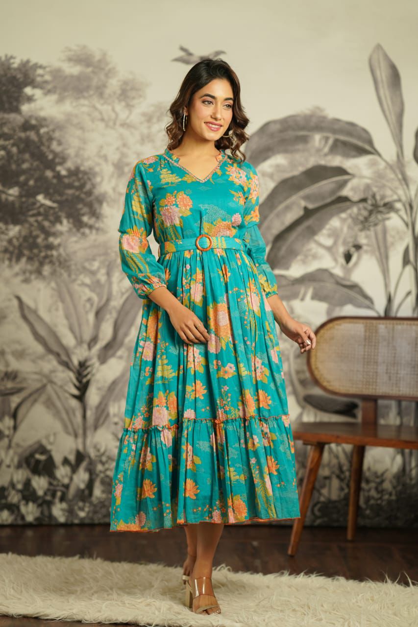 Turquoise Printed Muslin Long Kurti/Dress