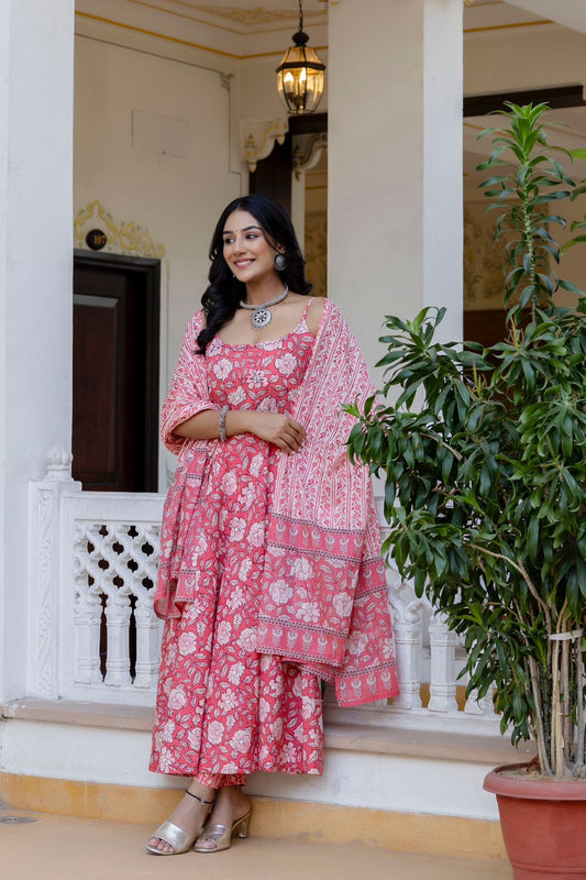 Pink Printed Cotton Kurta Set