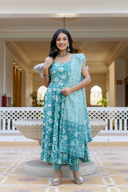 Sky Blue Printed Cotton Anarkali Kurta Set