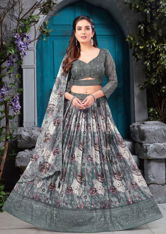 Grey Handwork Organza Lehenga