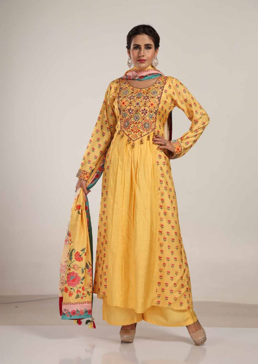 Yellow Embroidery Butter Silk Kurta Set