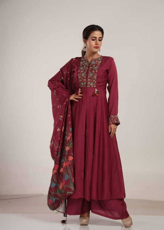 Maroon Embroidered Muslin Kurta Set