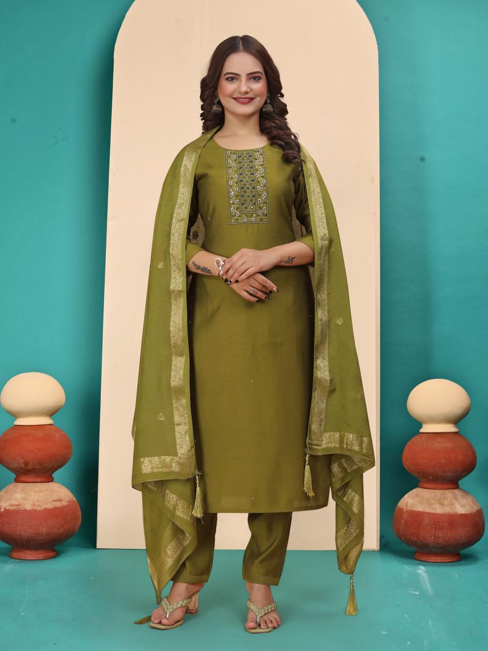 Mehendi Green Handwork Roman Silk Kurta Set