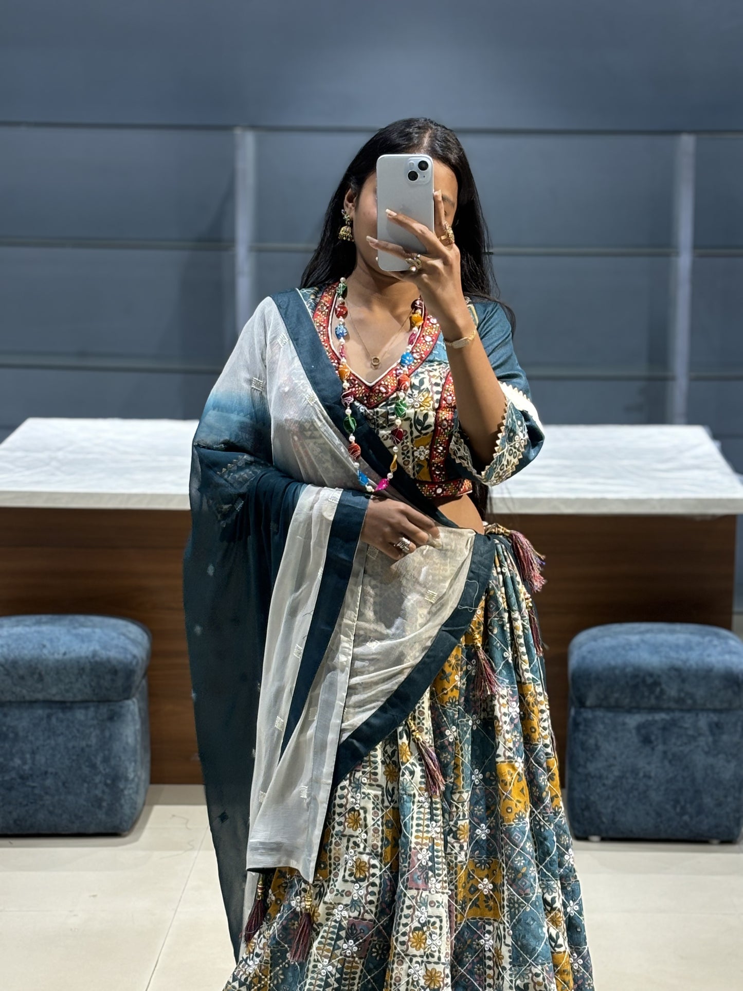 Blue Multi Coloured Navratri Chaniya Choli Lehenga