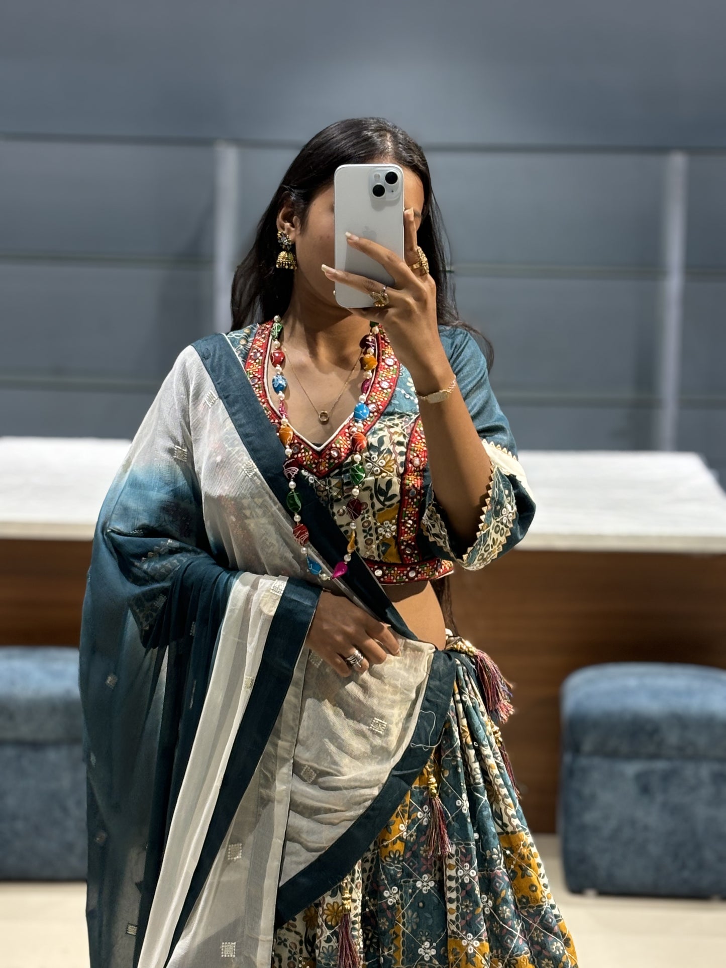 Blue Multi Coloured Navratri Chaniya Choli Lehenga