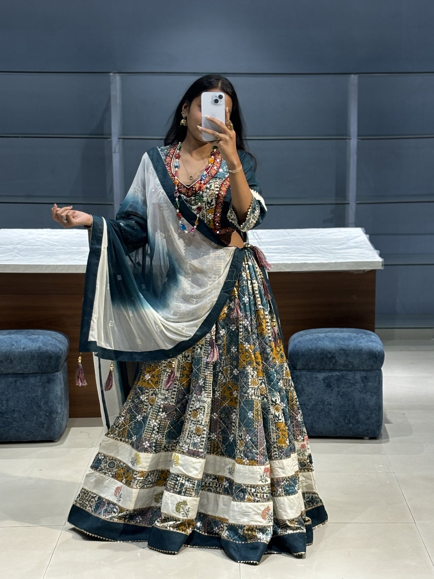 Blue Multi Coloured Navratri Chaniya Choli Lehenga