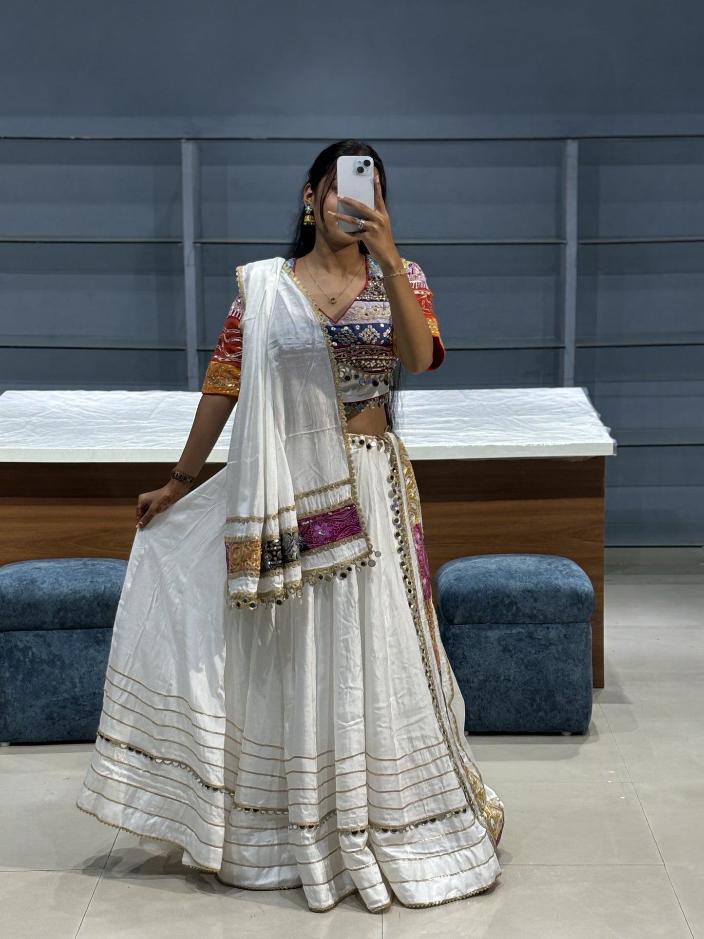 White Multi Coloured Navratri Chaniya Choli Lehenga