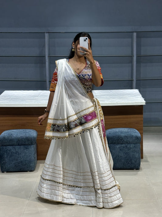 White Multi Coloured Navratri Chaniya Choli Lehenga