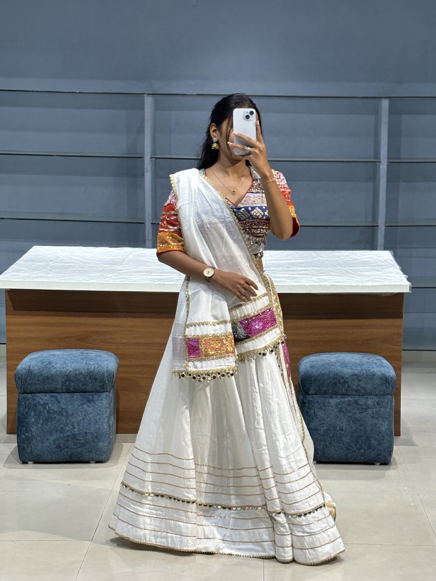 White Multi Coloured Navratri Chaniya Choli Lehenga