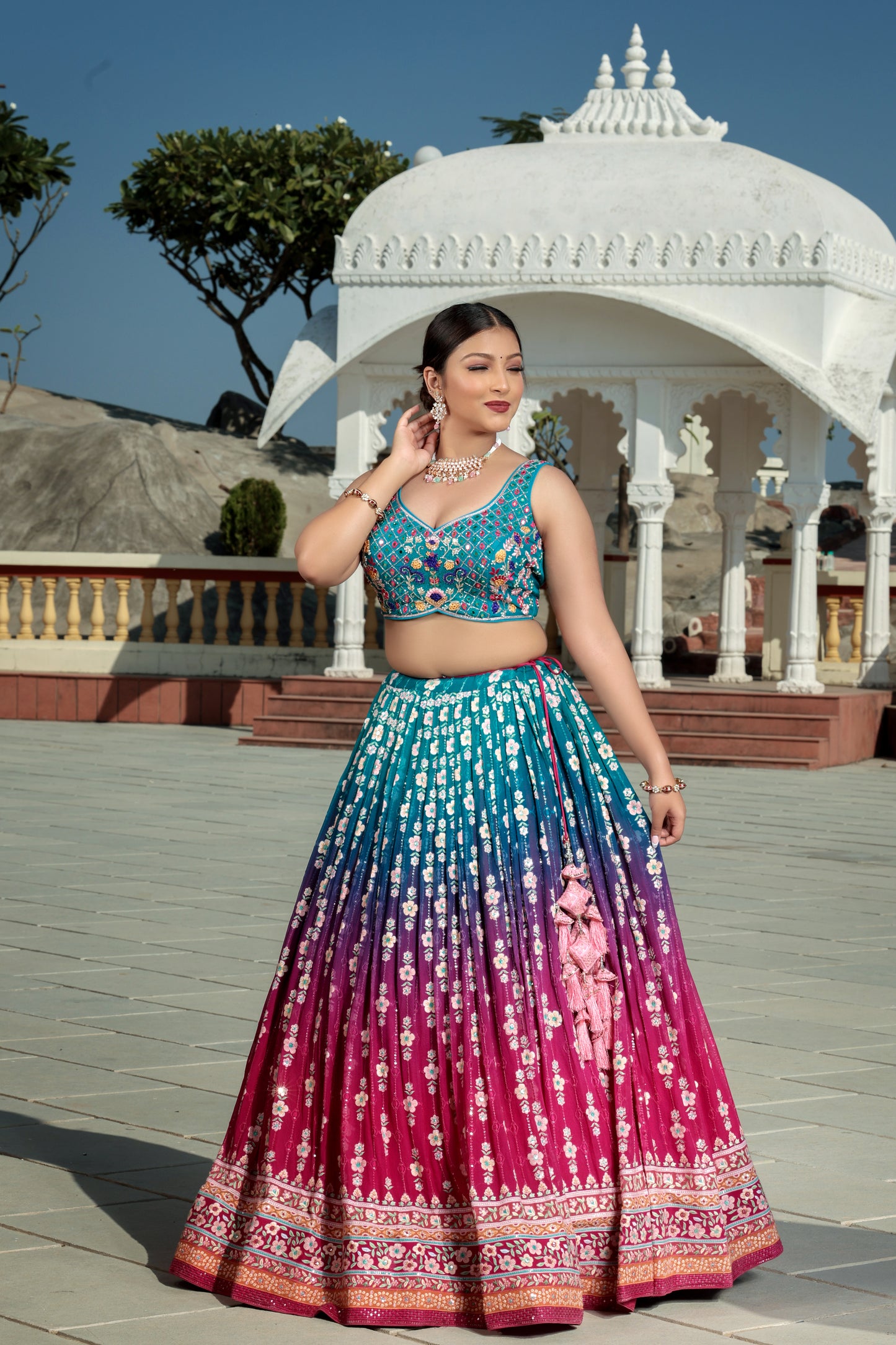 Pink Handwork Georgette Readymade Lehenga