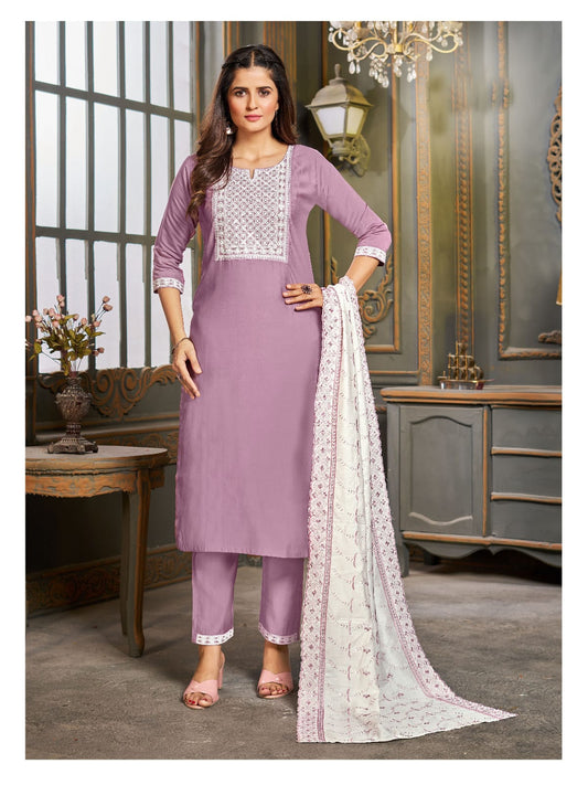 Onion Pink Embroidered Roman Silk Kurta Set