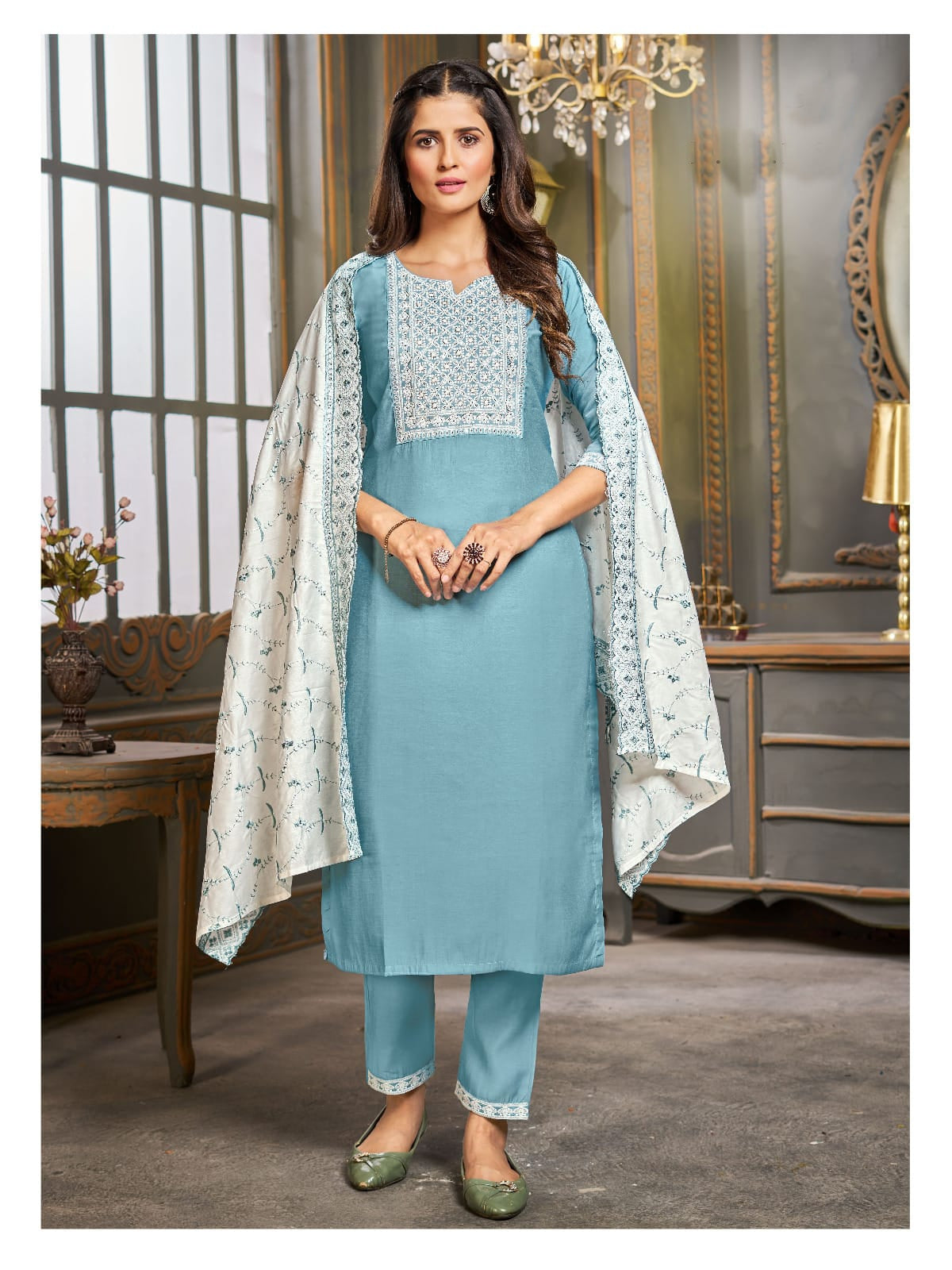 Sky Blue Embroidered Silk Kurta Set