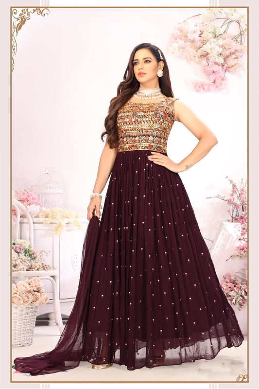 Maroon Embroidered Georgette Long Gown