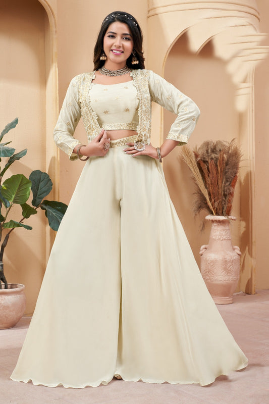 Cream Handwork Indo-western 3 piece Palazzo set