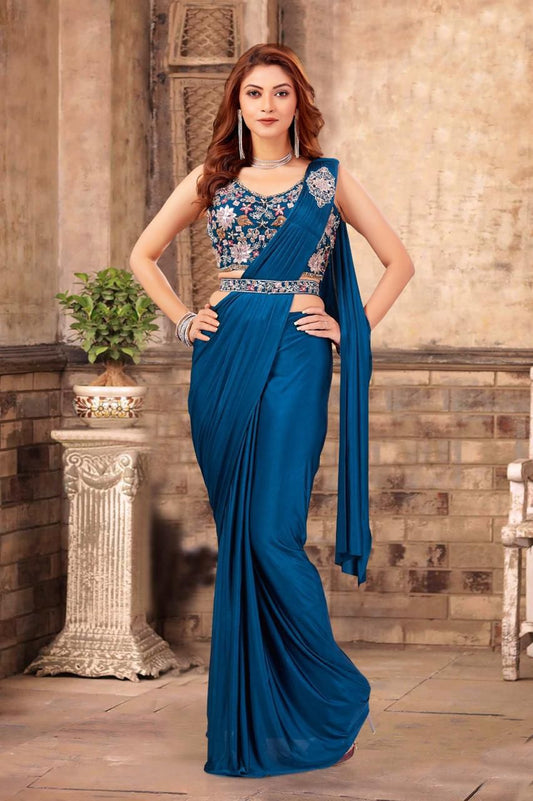 BLUE HANDWORK CREPE READYMADE SAREE