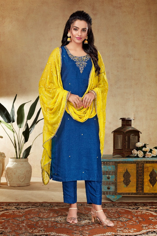 Royal Blue Handwork Dola Silk Kurta Set