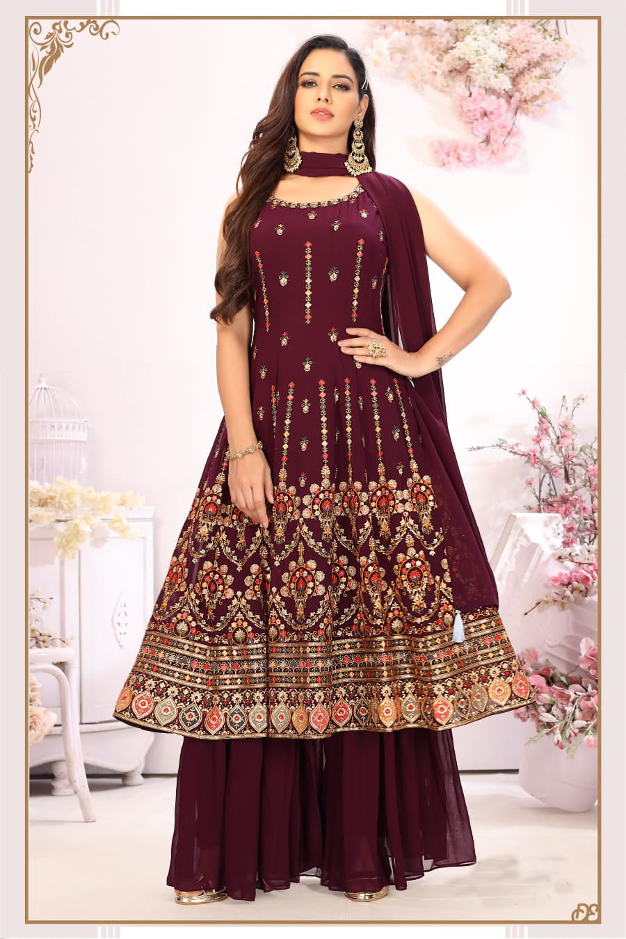 Maroon Embroidered Georgette Gharara Set