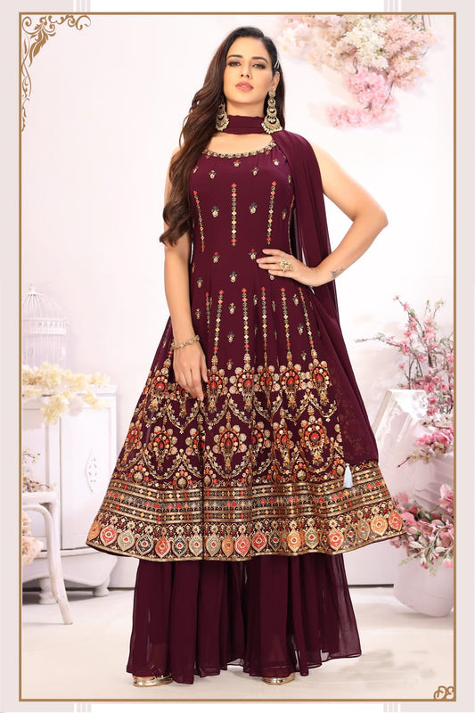 Maroon Embroidered Georgette Gharara Set