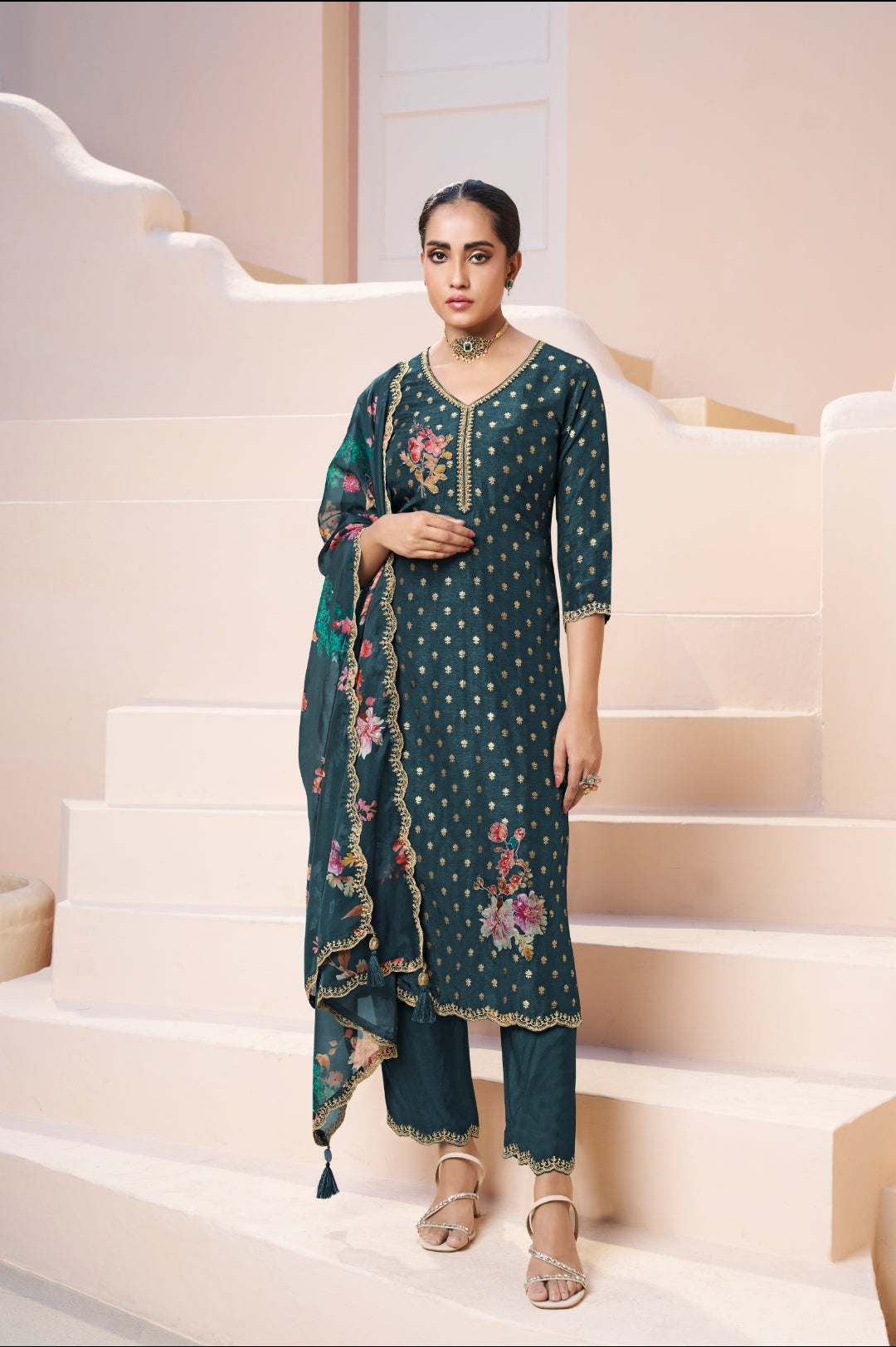 Bottle Green Jacquard Silk Kurta Set