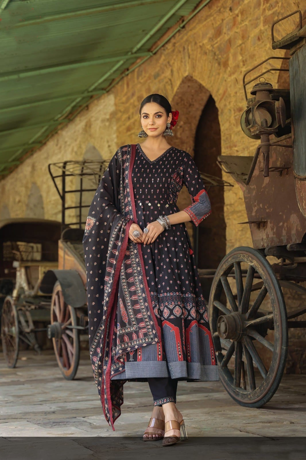 Black Printed Cotton Anarkali Kurta Set