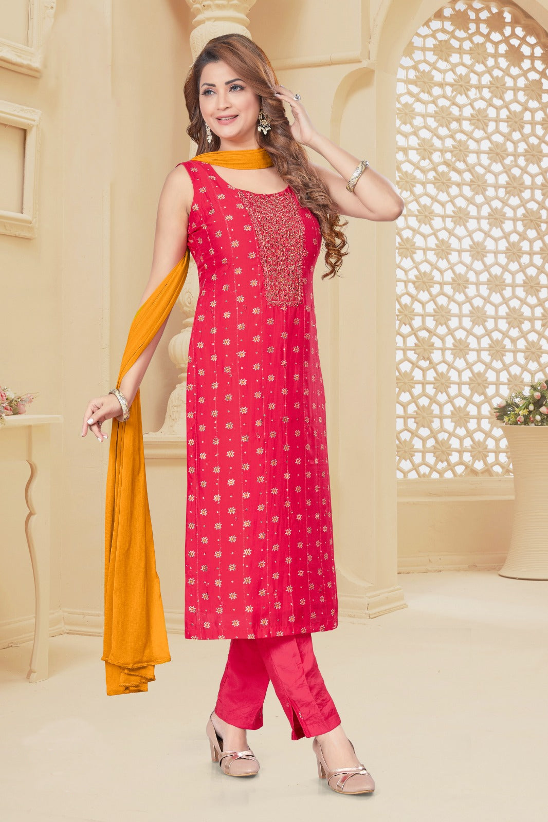 Reddish Pink Printed Muslin Kurta Set