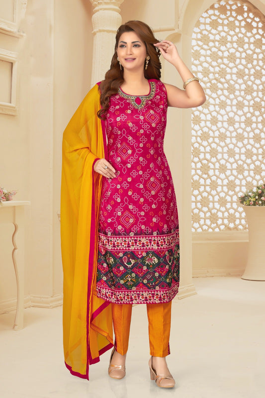 Pink Bandhani Printed Silk Kurta Set