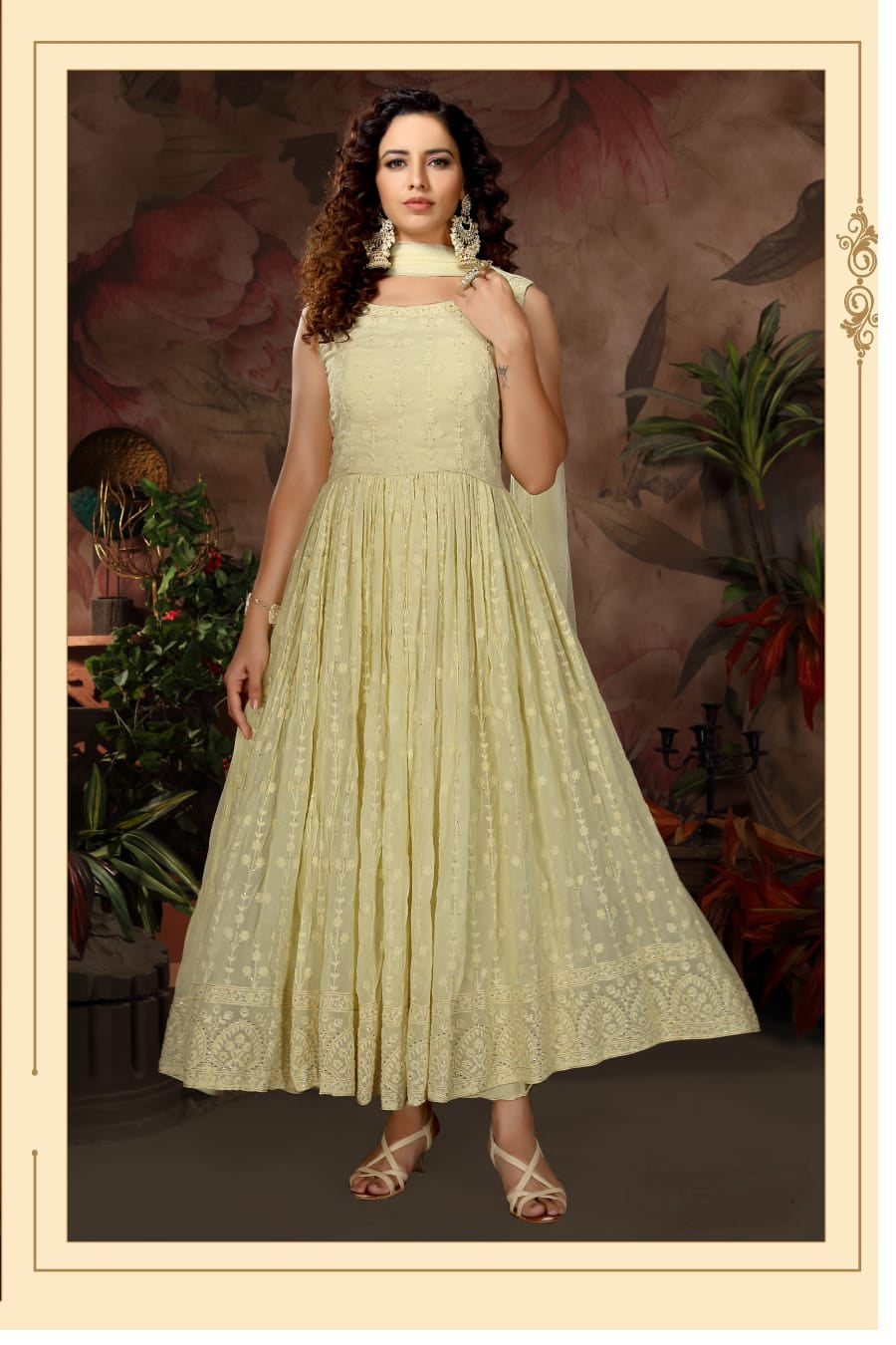 Lemon Yellow Lakhnavi Georgette Gown