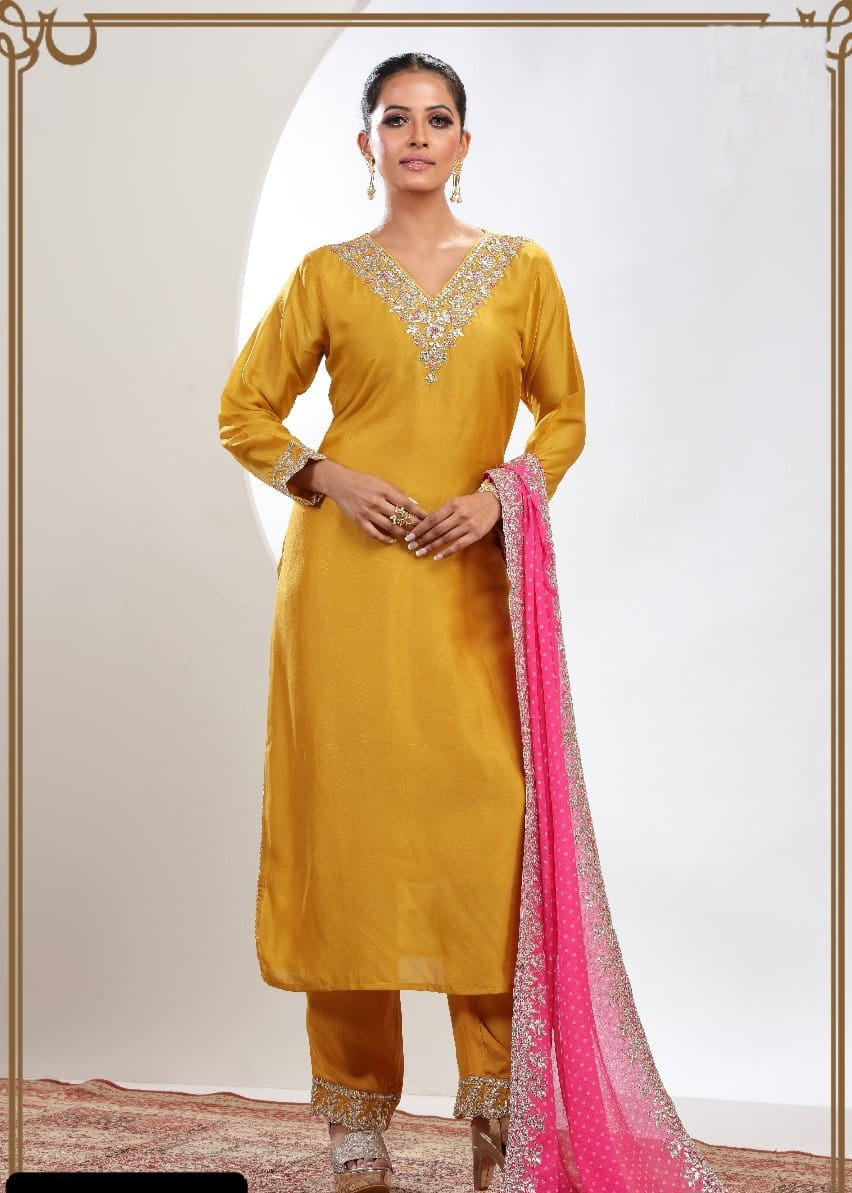 Mustard Handwork Silk Kurta Set