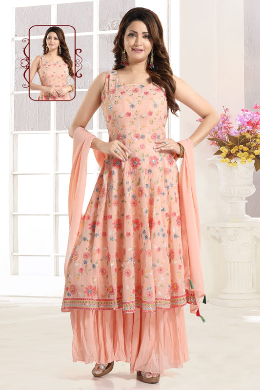 Peach Embroidered Georgette Sharara Set