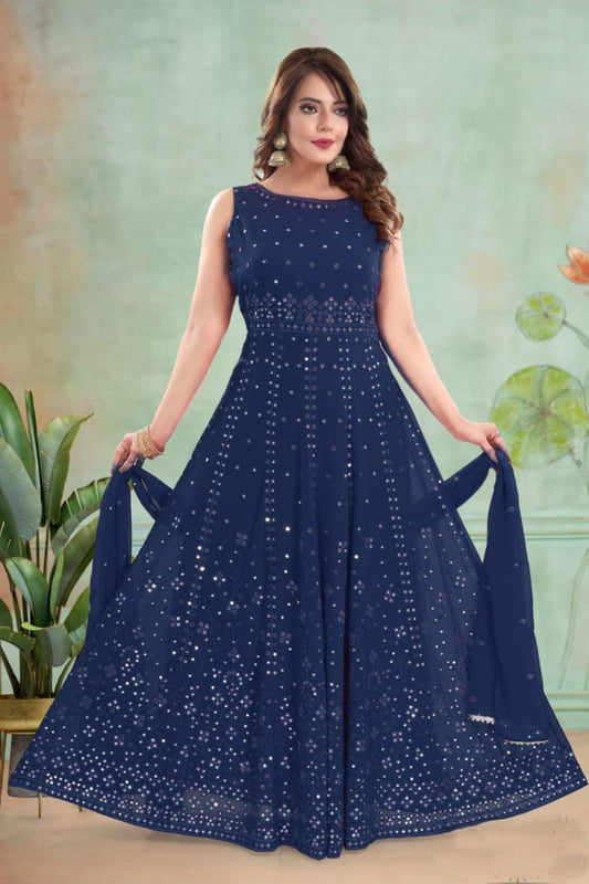 Blue Mirror work Georgette Long Gown